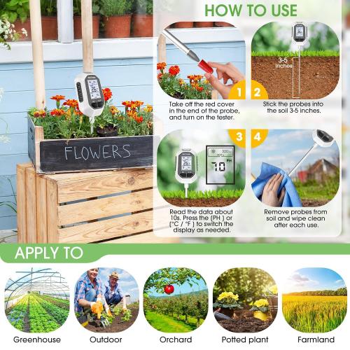 4-in-1 Soil Moisture Meter Digital Plant Temperature/Soil Moisture/PH Meter/Sunlight Intensity Backlight LCD Display Soil Test Meter for Gardening, Farming and Outdoor Plants