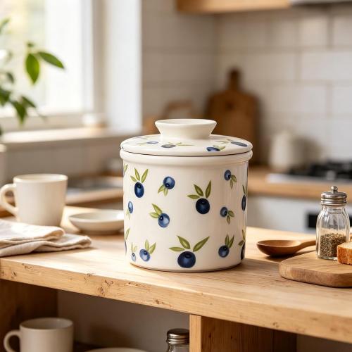 French Butter Crock for Counter With Water Line French Butter Dish for Counter (BlueBerry)