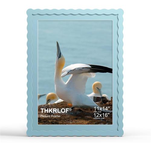 12x16 Picture Frame with Mat for 11x14, Wavy Edge Wooden Real Glass Photo Frame for Wall Hanging, Blue, 1 Pack