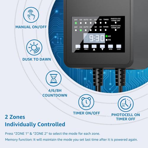 SUNVIE 300W Low Voltage Landscape Transformer with 2 Independent Control Output Landscape Lighting Transformer with Timer and Photocell Sensor 120V AC to 12/14V AC Weatherproof Low Voltage Transformer