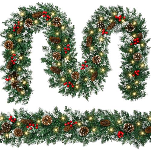 9 FT Christmas Garland with Lights,Battery Operated Lighted Garland with Pine Cones Red Berries Lush Branches,50 LED Lights 8 Modes,Christmas Decor Mantle Fireplace Indoor Outdoor Home