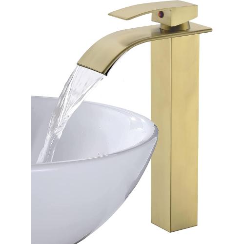 Tall Bathroom Vessel Faucet Champagne Brushed Gold, Waterfall