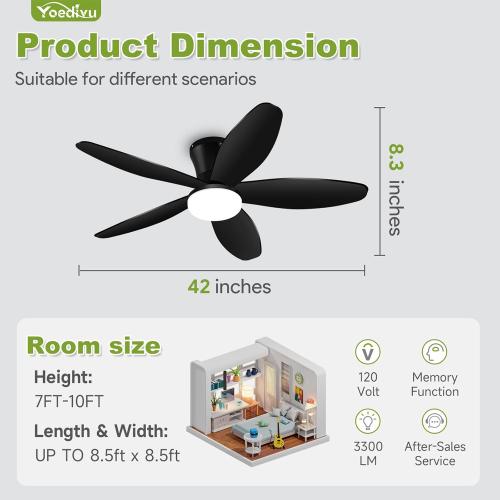 Ceiling Fans with Lights - 42 Inch Low Profile Flush Ceiling Fan with Light and Remote Control, Flush Mount, 6-Speed, 3CCT, Noiseless,Timer, Black Ceiling Fans for Bedroom Indoor/Outdoor Use