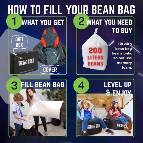 Throne Boss Gaming Bean Bag Chair Cover for Kids with High Back, Green – Floor Gaming Chair Cover, Easy to Clean Fabric, Large Side Pockets, Headphone Hanger, Requires 200 Liters Polystyrene Beans