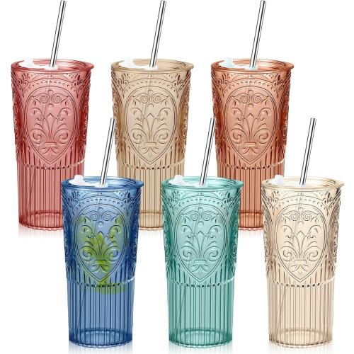6 Set Vintage Tumbler with Lid and Straw, Iced Coffee Cup, Vintage Color