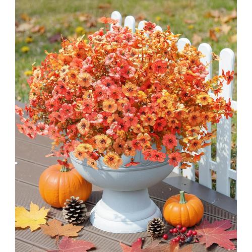 Fall Flowers Artificial Mums for Outdoors Autumn Decor, 12 Bundles Fake Fall Mums with 1 pcs Burgundy Grass UV Resistant Realistic Faux Flowers for Outside Home Porch Patio Planter Yard, Orange Yellow