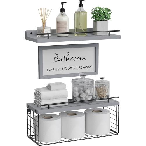 WOPITUES Floating Shelves for Wall Decor Sign, Bathroom Organizers and Storage, Bathroom Shelves Over Toilet with Metal Guardrail-Modern Grey