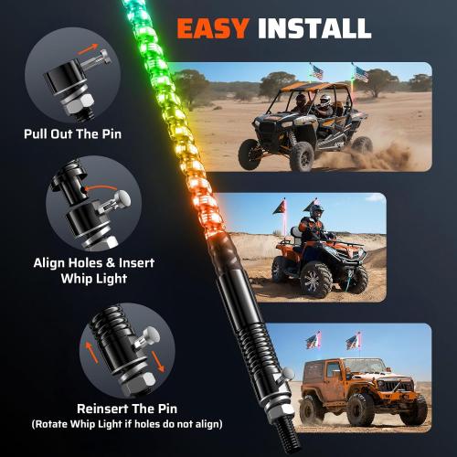 Ehaho 2PCS 3FT Whip Lights w/Spring Base, RGB Chasing, APP & Remote Control | IP67 LED Whip Lights for Side by Side with 366  Light Modes, Music Sync, Brake/Turn/Reverse, Switch for UTV ATV RZR SXS