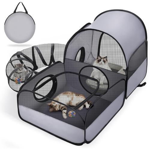 Tailtastic Indoor/Outdoor Cat Playpen with Surround Tunnel 2 Zones Grey