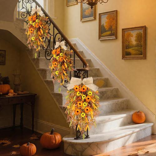 2 Pcs 24 inch Artificial Fall Swag Autumn Floral Teardrop Swags for Front Door Farmhouse Kitchen Cabinet Wreaths with Ribbon for Porch Wall Window Decor