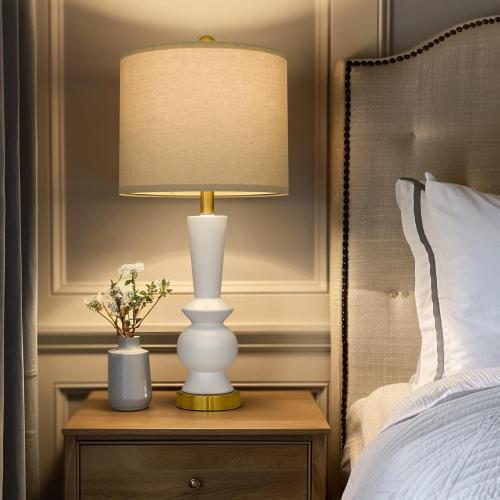 PORTRES 27 Modern Ceramic Table Lamp Set of 2 for Living Room White & Gold Bedside Lamps for Bedroom Nightstand Lamp Tall End Table Lamps