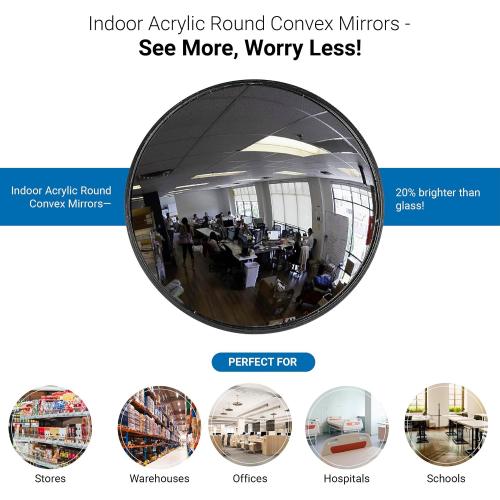 12” Acrylic Indoor Convex Mirror With Plastic Back, Round Indoor Security Mirror for the Garage Blind Spot, Store Safety, Warehouse Side View, Wall Mirror for Personal or Office Use - Vision Metalizers,Black