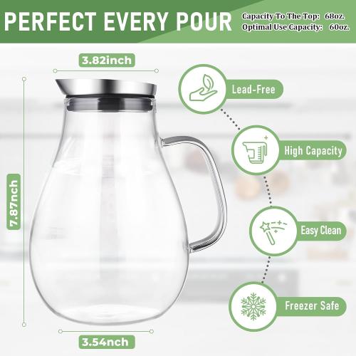 SUSTEAS 2 Liter 68oz Glass Pitcher with Lid and Handle, Borosilicate