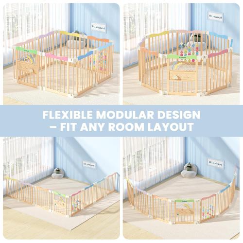 Foldable Wooden Baby Playpen, 45 x 45 x 24 inches, Pastel Dream, Colorful | Adjustable Wood Play Yard, Indoor Large Safety Fence for Babies and Toddlers, Built-in Toys Design
