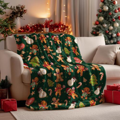 Horaldaily Christmas Flannel Blanket Throw, Green Gingerbread Man Christmas Bear Soft Fuzzy Plush Cozy Fleece Blankets for Couch Sofa Bed Lounging, Ideal Gifts for Kids Adults Wife Self, 50x60