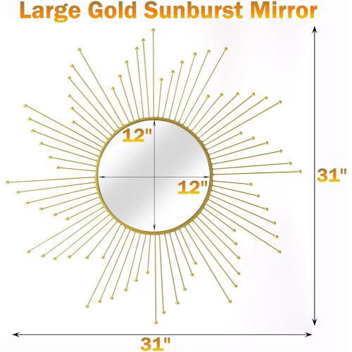 Large Gold Sunburst Mirror - 31 Starburst Wall Mirror with 12 Round Glass, Mid-Century Modern Elegant Gold Sun Mirrors for Living Room, Bedroom, Entryway Decor