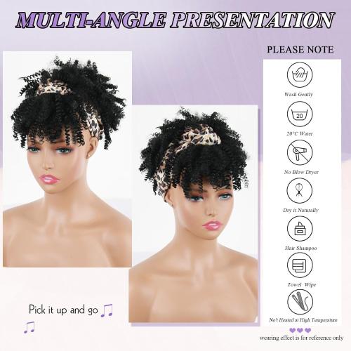 Aisaide Black Short Afro Headband Wigs for Women Synthetic Afro Kinky Curly Headband Wig with Bangs for Black Women Natural Afro Puff with Bangs Turban Wrap-Wig