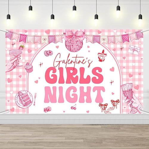 AIBIIN 6x3.6ft Galentine's Girls Night Backdrop Banner, Happy Galentine's Day Background Girls Theme Party Ladies Galentines Day Party Decorations Photo Booth Props