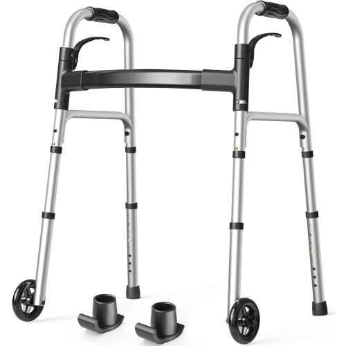 Folding Walkers for Seniors with 2 Skis and 5 Wheels, Lightweight Adult Rolling Walker, Supports Up to 350 Pounds, Adjustable Height, Aluminum Standard Walker, Silver