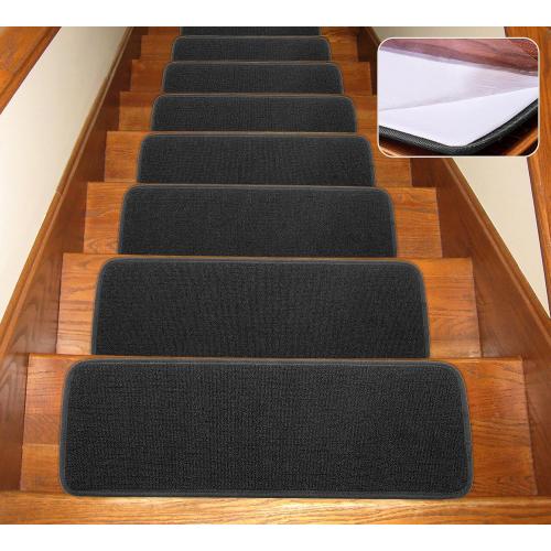 Seloom 13pcs Carpet Stair Treads, Indoor Non Slip Stair Rugs Covers Rubber Backing Anti Slip Indoor Stair Mats Removable Washable Step Runners for Wooden Stairs (25.5×9.5In,Black)