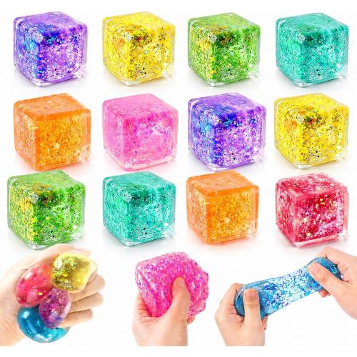 12 Pack Glitter Stress Cubes Sensory Fidget Toys for Kids Adults, 8 Colors Squishy Cube Stress Balls, Anxiety Relief Squeeze Toys for Classroom Prizes Party Favors Easter Basket Stuffers