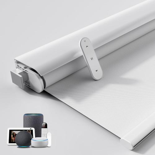 Grandekor No-Drill No Tools Motorized Blinds with Remote |  White Electric Blackout Smart Roller Shade/APP/Voice Control-for Home Office, Living Room