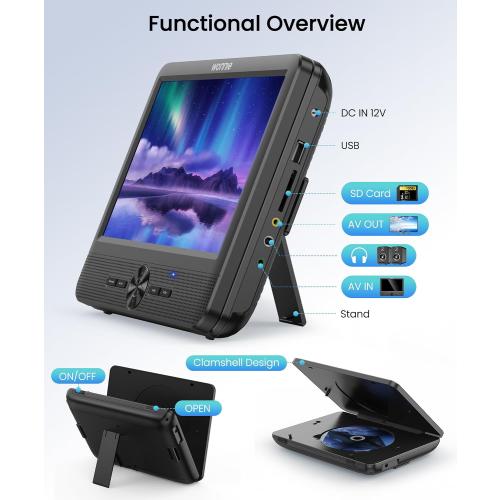 WONNIE 10 Car DVD Players, Portable DVD Player Dual Screen Play the Same or Two Different Movies with 5 Hours Rechargeable Battery, 2 AC Adapters, Headrest Mounts, All Regions, Support USB/SD/Sync TV