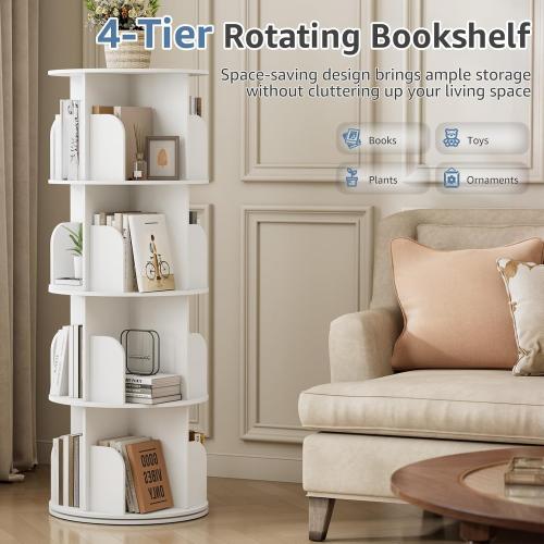 DUMOS 4 Tier Rotating Bookshelf Tower, Round Spinning Bookcase Lazy Susan