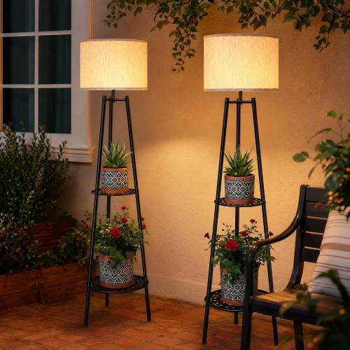 VISFLAIR 2 Pack Solar Lights with 2-Tier Plant Stand, Outdoor Floor Lamps, Waterproof Solar LED Edison Bulb Floor Lamps for Patio Porch Deck Yard Garden Decor