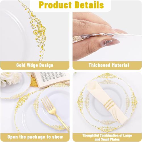 100PCS White Plates with Gold Trim Disposable for Thanksgiving