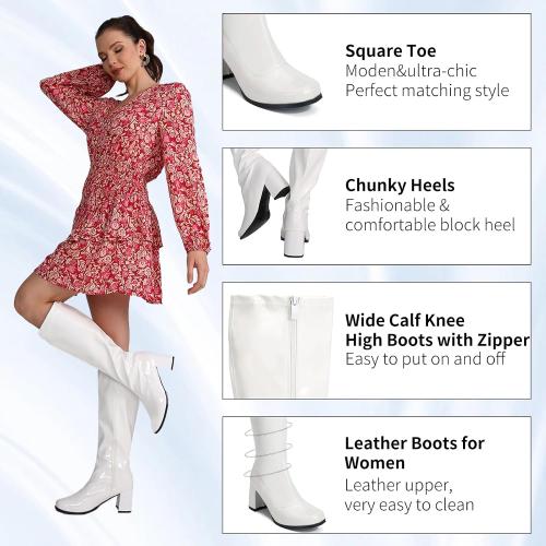 Heiyom Women's Gogo Boots Chunky Heel Knee High Boots SIZE 40