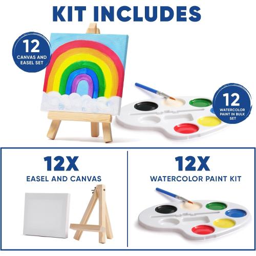Mini Canvas and Easel Set with Watercolor Paint in Bulk Set of 12 - Kids Art Party Favors & Party Supplies - 4x4 Small Canvases for Painting with Easel - Water Colors Paint for Kids