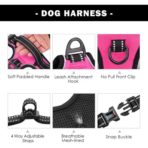 PHOEPET No Pull Dog Harness Medium Reflective Front Clip Vest with Handle,Adjustable 2 Metal Rings 3 Buckles,[Easy to Put on & Take Off](M, Pink)