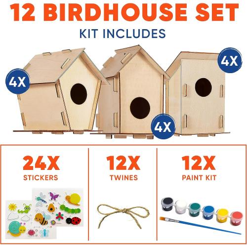 12 Bird House Kits for Kids to Build & Paint - Bulk Wood DIY Craft Sets | Kids build and paint 12 wrapped wood birdhouses, each with a brush and 6-color paint strip - arts and crafts for groups