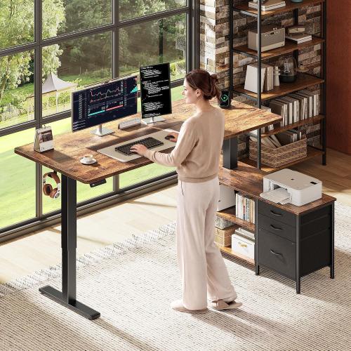 PRAISUN 55.1'' L Standing Desk with Outlets, Cabinet with Shelves, Drawers