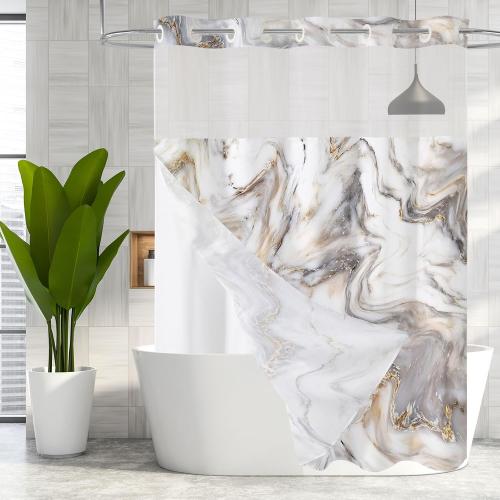MitoVilla No Hooks Needed Marble Shower Curtain Set with Snap-in Liner, Modern