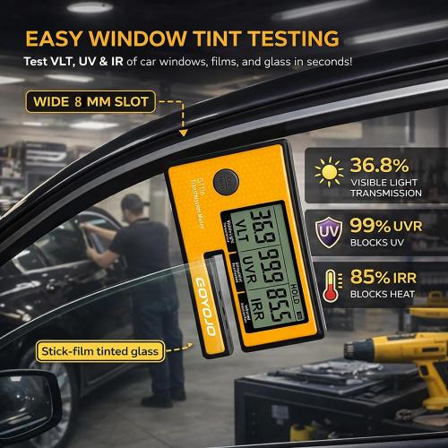 Labs Tint Meter Works on Side Windows, Digital Tint Solar Film Car Transmission Meter with Automatic Calibration, 3-in-1 Solar Film Meter VL UV IR Detection, for Automotive Window Tint Shop Stay Legal
