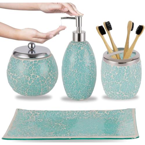 Escenzy Turquoise Bathroom Accessories Set 4 Pcs | Handcrafted Mosaic Glass Soap Dispenser, Toothbrush Holder, Cotton Swab Jar, Vanity Tray | Luxury Coastal Boho Bathroom Decor