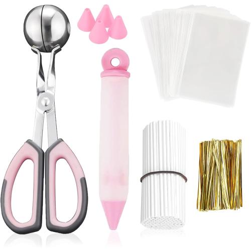 Cake Pop Kit, Including 100 Cake Pop Sticks and Wrappers, 100 Twist Ties, 1 Cake Pop Scooper and Decorating Pen, Cake Pops Making Tools for Lollipop, Candies, Chocolates and Cookies-pink