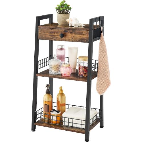 Gewudraw 3-Tier Bathroom Ladder Shelf with Storage Drawer, Rustic Brown