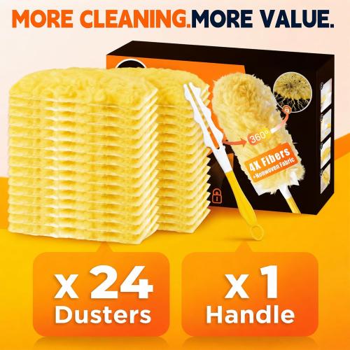 24 Count Heavy Duty Duster Refills for Swiffer Duster with 1 Handle (Yellow)