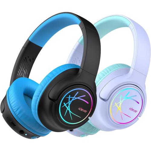 iClever 2 Pack Kids Bluetooth Headphones with LED Lights, BTH18 Safe Volume 74/85dBA, 43H Playtime, Bluetooth5.3 Kids Headphones Wireless Aux Cord for iPad/Tablet/Travel/School, Purple & Black