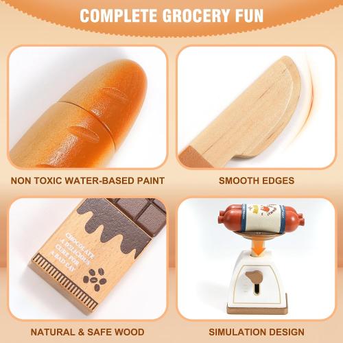 Pithfor Wooden Play Food Set for Kids Toddlers, Grocery Store Pretend Play Food, Pretend Grocery Shopping & Play Kitchen Accessories for Boys Girls