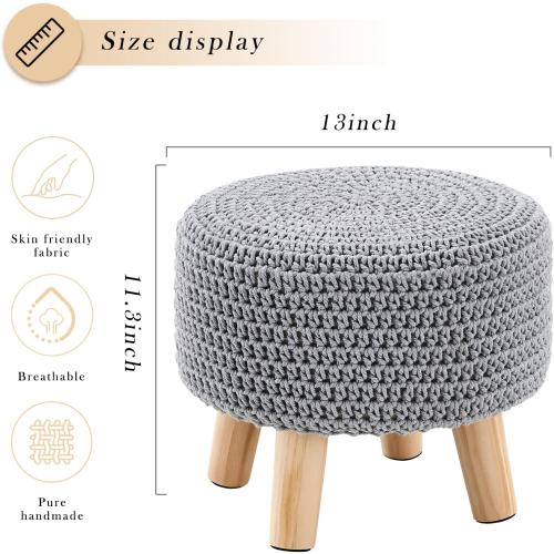 Boho Ottoman Foot Stool Cotton Knitted Round Pouf Ottoman Foot Rest Stool with Non-Skid Wooden Legs Step Stool Padded Seat for Living Room Gray