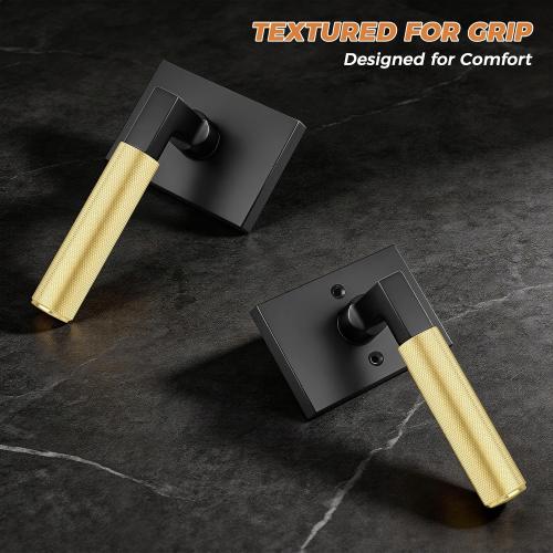 Probrico 2 Pack Brushed Gold Door Handles with Black Lever, Knurled Passage Door Handle for Hallway or Closet Door, Modern Interior Door Handle, Heavy Duty Keyless Lever for Left Right Handed Door