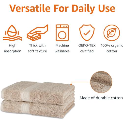 Amazon Basics Fade-Resistant 100% Cotton Bath Towel, 2 Pack, 30x54, Taupe
