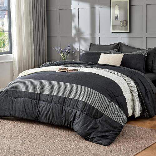 Andency Full Bed in a Bag 7 Pieces Comforter Set - Black White Grey Striped Lightweight Fully Breathable All Season Bedding Set with Comforter, Fitted & Flat Sheet, Pillowcases & Shams