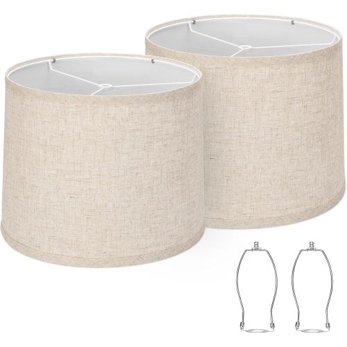 Lampshades Set of 2, Drum Lampshades 11.6 Top x 12.6 Bottom x 9.8 High, Seaside village Medium Lampshades (Spider Fitter), Beige Lampshades Natural Linen Hand Crafted, Easy Assembly Required