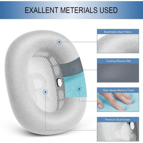 GEVO Upgraded Ear Cushions Replacement Earpads for AirPods Max 1 & 2 Headphones, Mesh Fabric Ear Pads Ear Covers Cups with Memory Foam and Magnet for AirPods Max 1 & 2 (Silver)