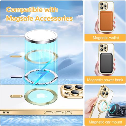 Hython Magnetic Clear for iPhone 16 Pro Case with Camera Lens Protector [Compatible with MagSafe] Luxury Plating Edge Slim Soft TPU Cover Protective Phone Case for iPhone 16 Pro 6.3, Gold